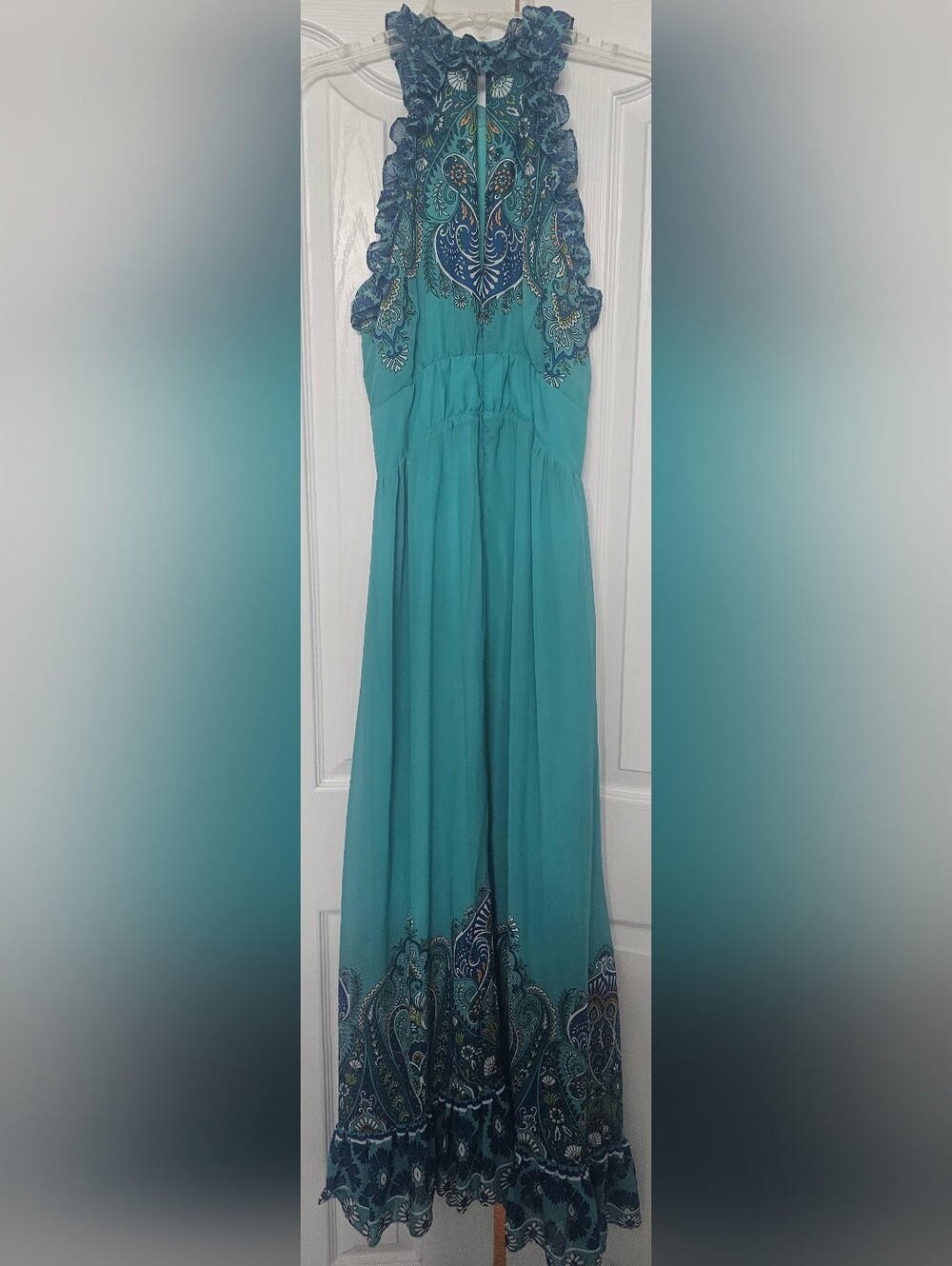 Boston Proper Blue Multi Paisley Print Ruffle High Neck Maxi Dress size 6 - Picture 6 of 11